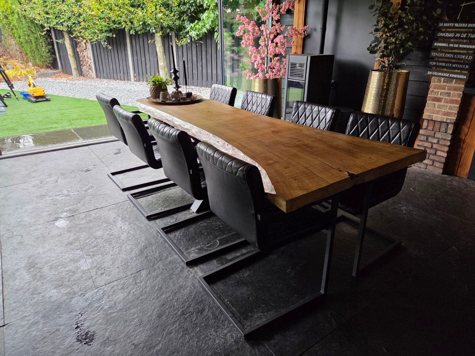 Eethoek boomstamtafel 8-10 personen, Ophalen, Gebruikt, Stoer / industrieel, 8 stoelen of meer