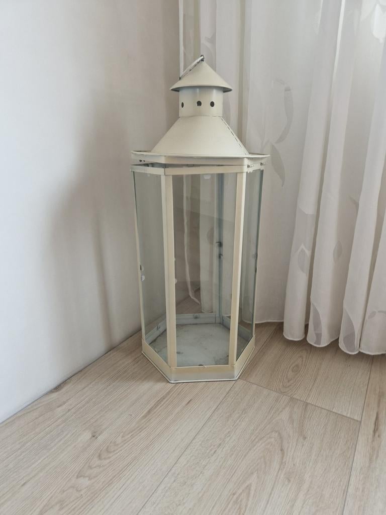 Metalen off white Lantaarn - 68cm Hoog, 26cm Diameter, Ophalen, Gebruikt, Boho, Metaal