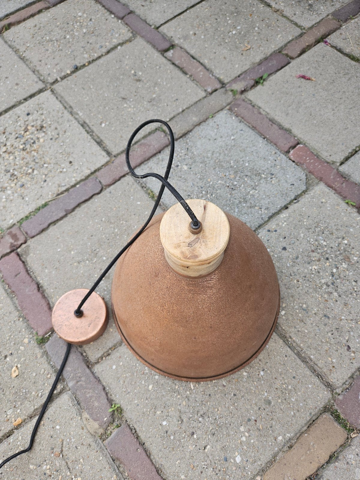 Koperkleurige hanglamp met houten accenten, Minder dan 50 cm, Gebruikt, Overige materialen, Ophalen of Verzenden