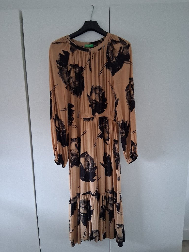 Benetton bruine jurk met bloemenprint mt.XL *ZGAN*, Kleding | Dames, Ophalen, Bruin, Benetton, Maat 46/48 (XL) of groter