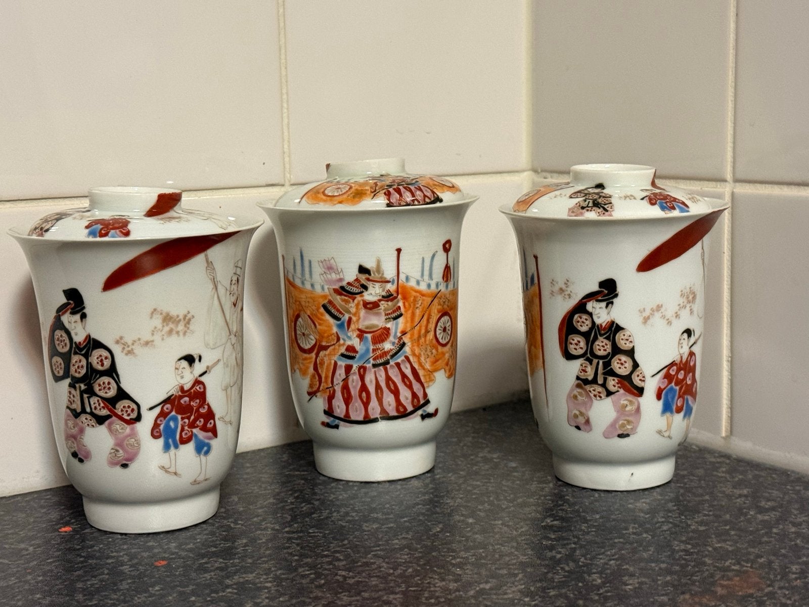 3 antieke Japanse Eggshell bekers met deksel 1860-1880, Antiek en Kunst, Ophalen of Verzenden