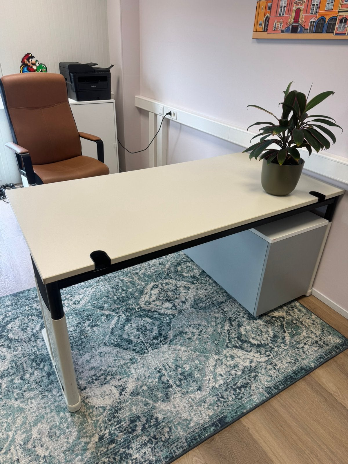 Ruim en stevig professioneel bureau – wit/grijs, Ophalen, Zo goed als nieuw, Rechthoekig, 200 cm of meer