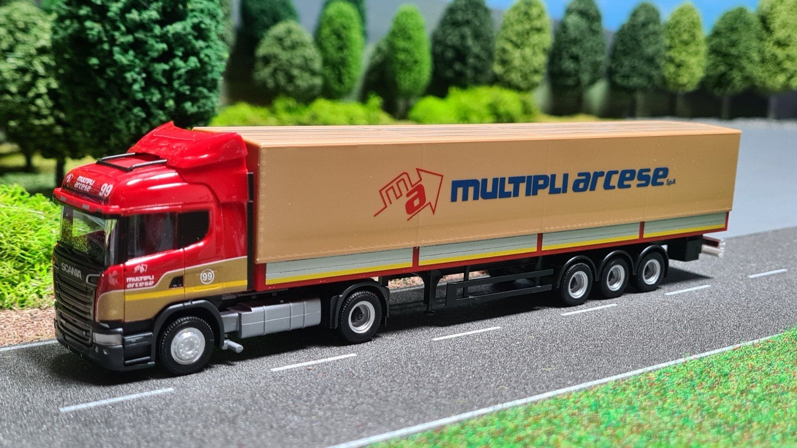 142 Herpa 1:87 Multipli Arcese Italy Scania 124, Ophalen of Verzenden, Nieuw, Bus of Vrachtwagen, Herpa