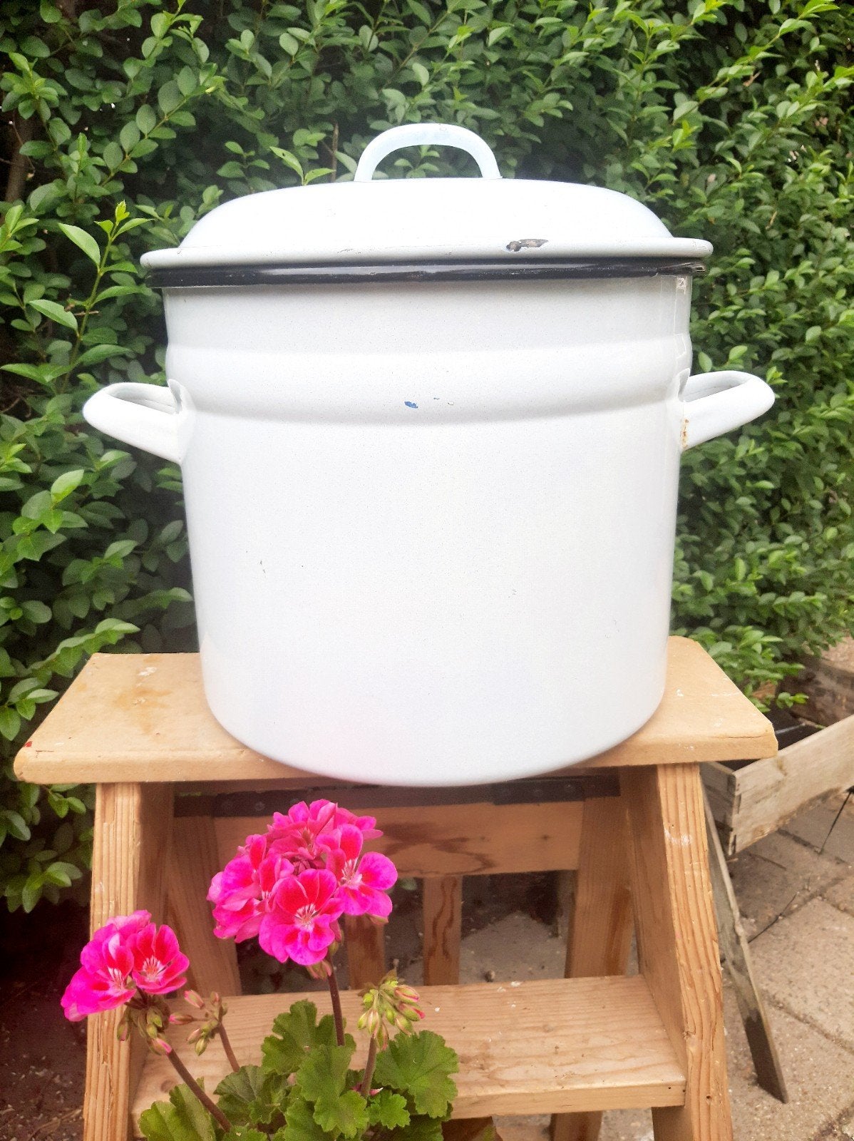 Vintage Witte Emaille Pan met Deksel - Grote Kookpot, Antiek en Kunst, Ophalen of Verzenden