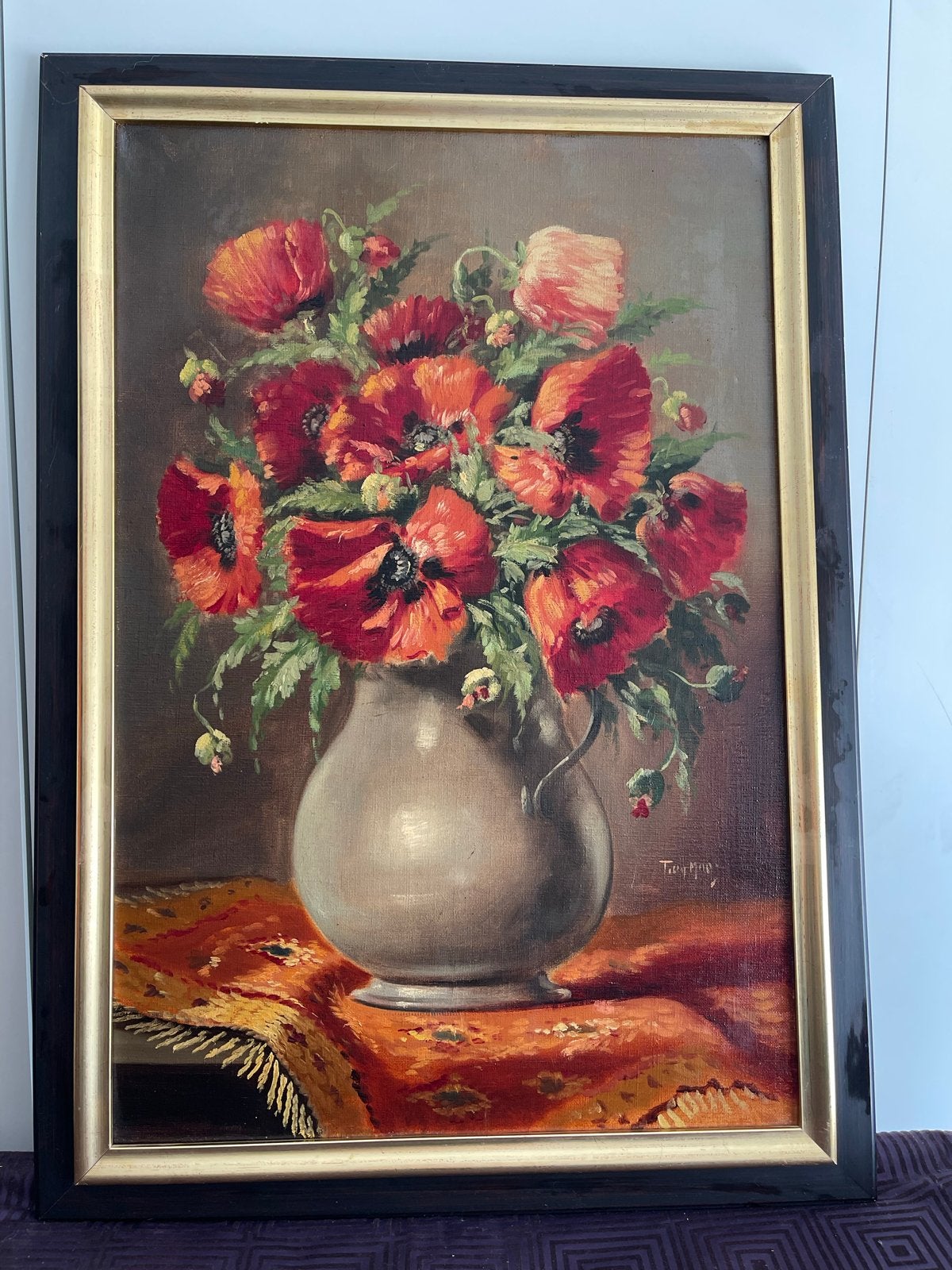 Schilderij Tilly Moes - Klaprozen in vaas, Bloemen, Doek, Realistisch, Ophalen of Verzenden