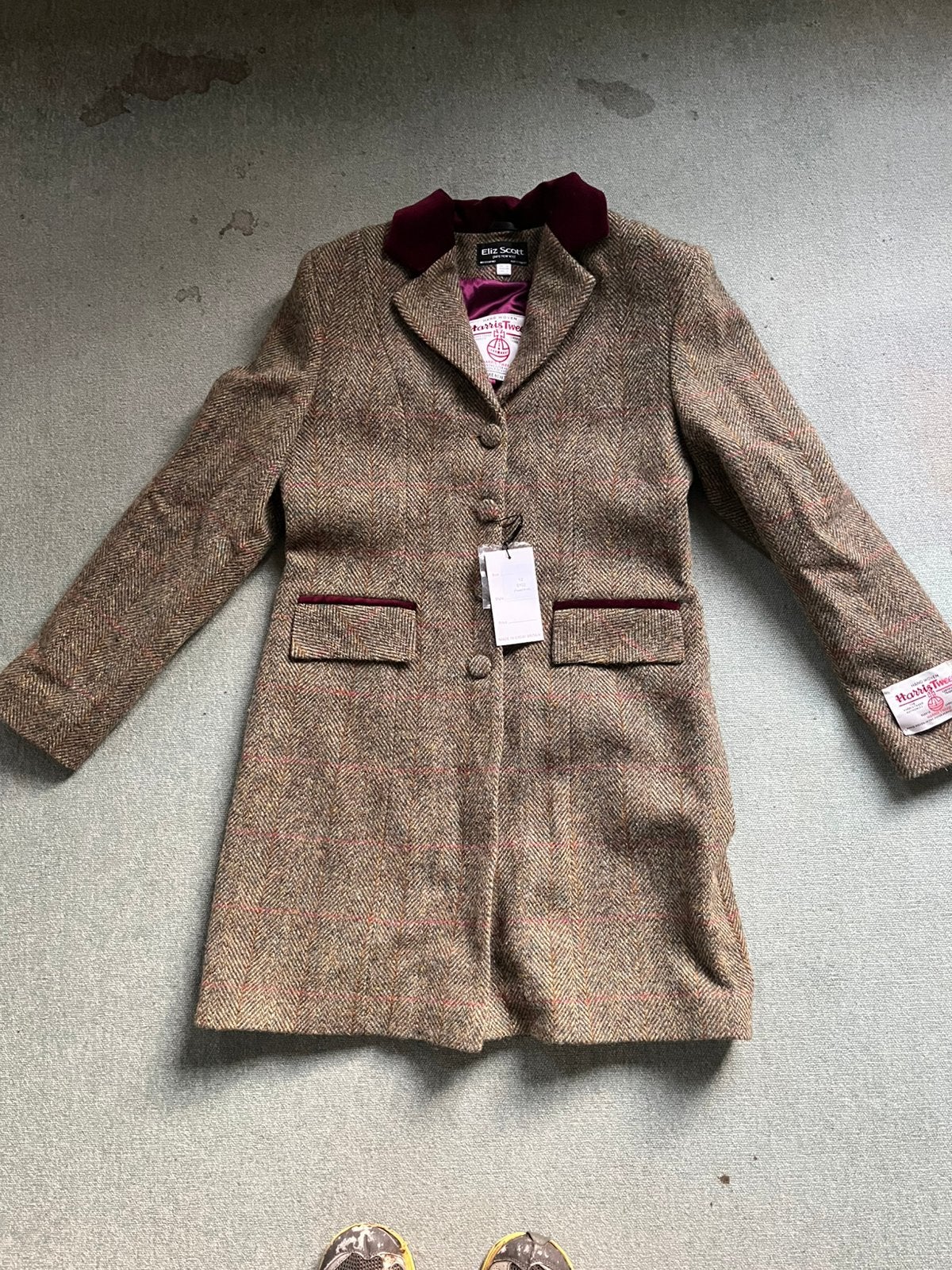 Harris Tweed half lang jasje met fluwelen kraag, Ophalen of Verzenden, Zo goed als nieuw, Maat 36 (S), Paars
