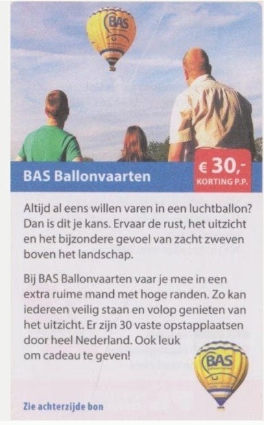 BAS Ballonvaarten € 30,- korting p.p., Tickets en Kaartjes, Drie personen of meer, Kortingsbon, Overige typen