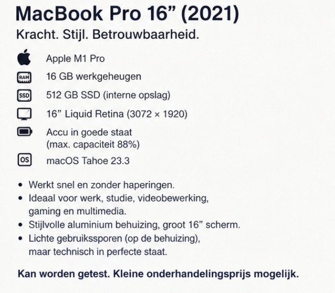 Apple MacBook Pro 16-inch (2021)–M1 Pro–16GB RAM – 512GB SSD, MacBook Pro, Qwerty, 512 GB, Ophalen of Verzenden