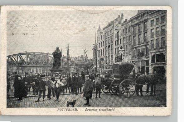 Rotterdam Erasmus beeld st 1908, Ophalen of Verzenden, Voor 1920, Gelopen, Zuid-Holland
