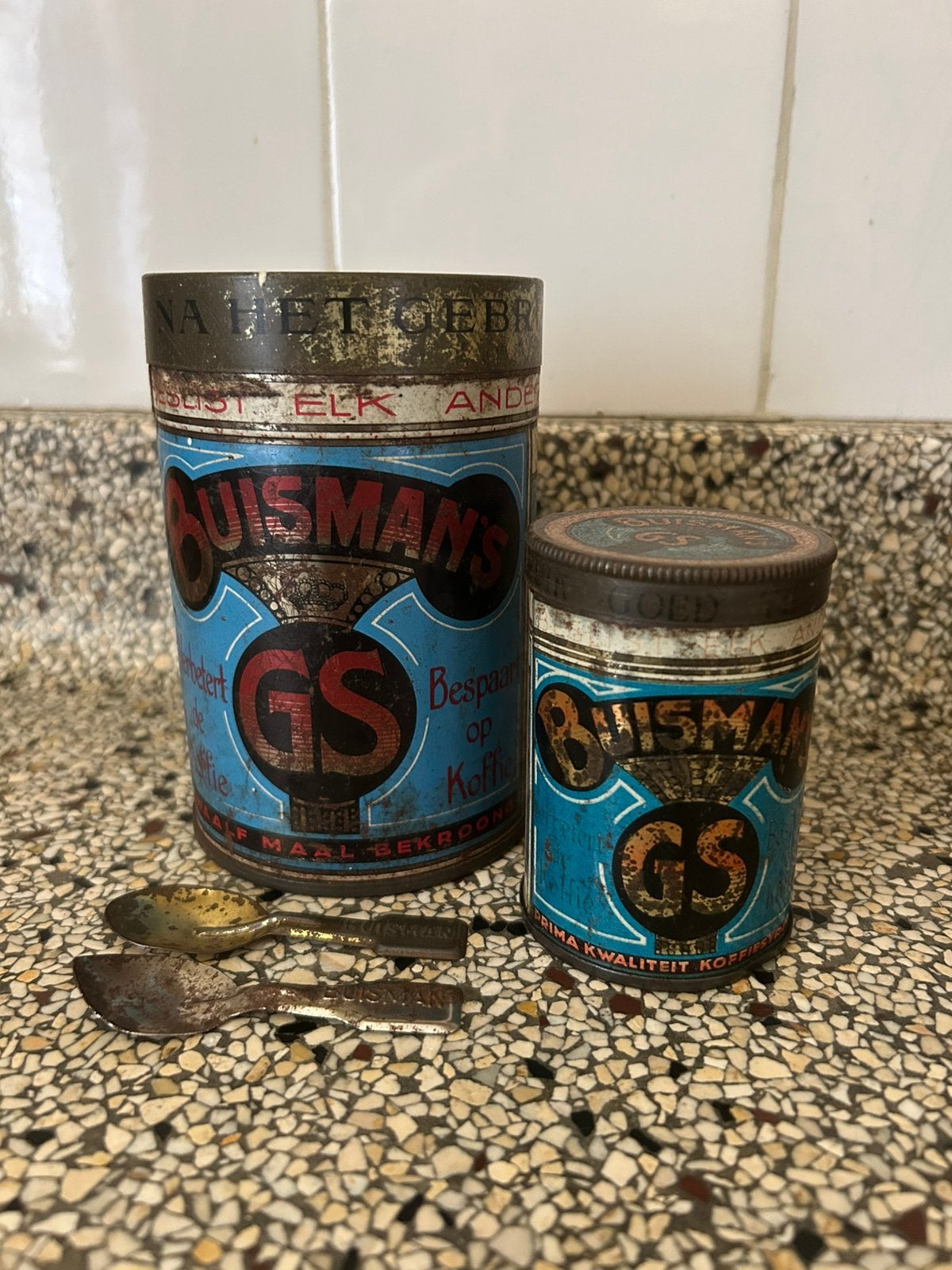 ** oude buisman blikjes ** met originele lepeltjes, Verzamelen, Blikken, Ophalen of Verzenden, Zo goed als nieuw, Overige