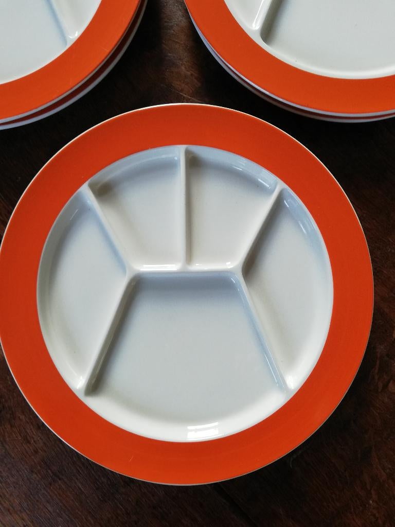 6 stuks grote vintage fondueborden 25 cm oranje rand, Ophalen of Verzenden, Zo goed als nieuw, Bord(en), Overige stijlen