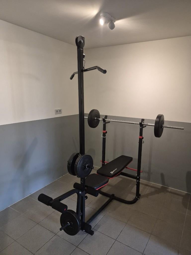 Complete homegym set met halterbank + gewichten, Ophalen, Krachtstation, Zo goed als nieuw, Metaal