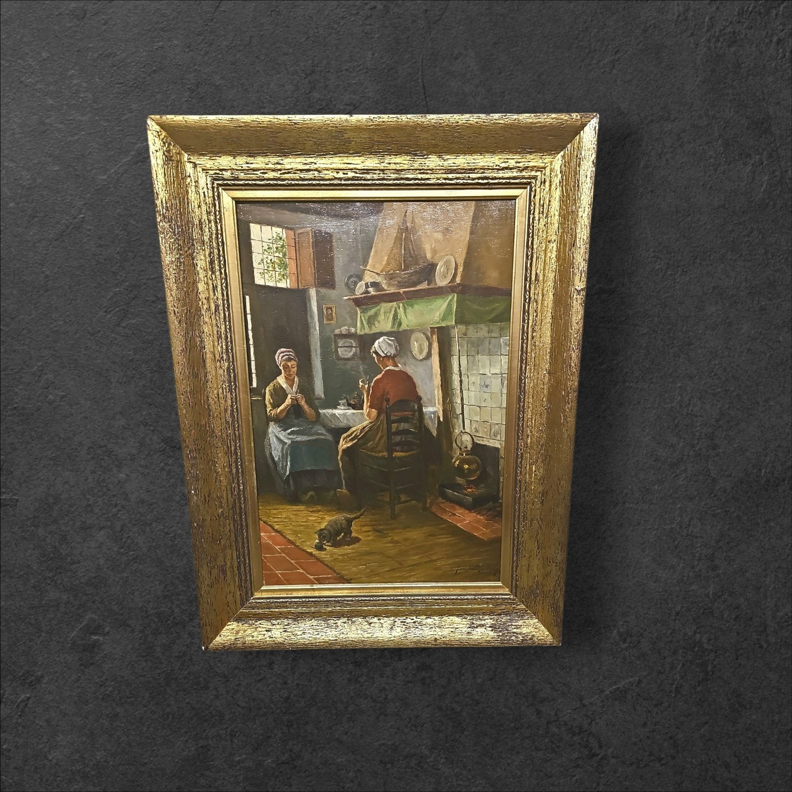 Olieverfschilderij Jan Valkenburg: Vrouwen aan het breien, Doek, Portret of Personen, Ophalen of Verzenden, Olieverf