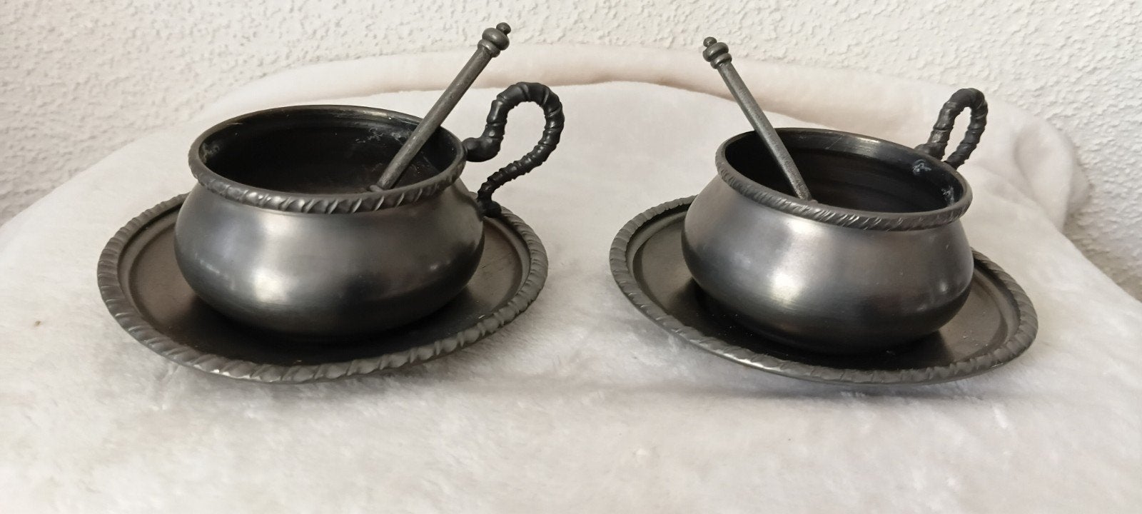 2 Tinnen Kop en Schotel met Lepeltjes - 95% Tin, Ophalen of Verzenden