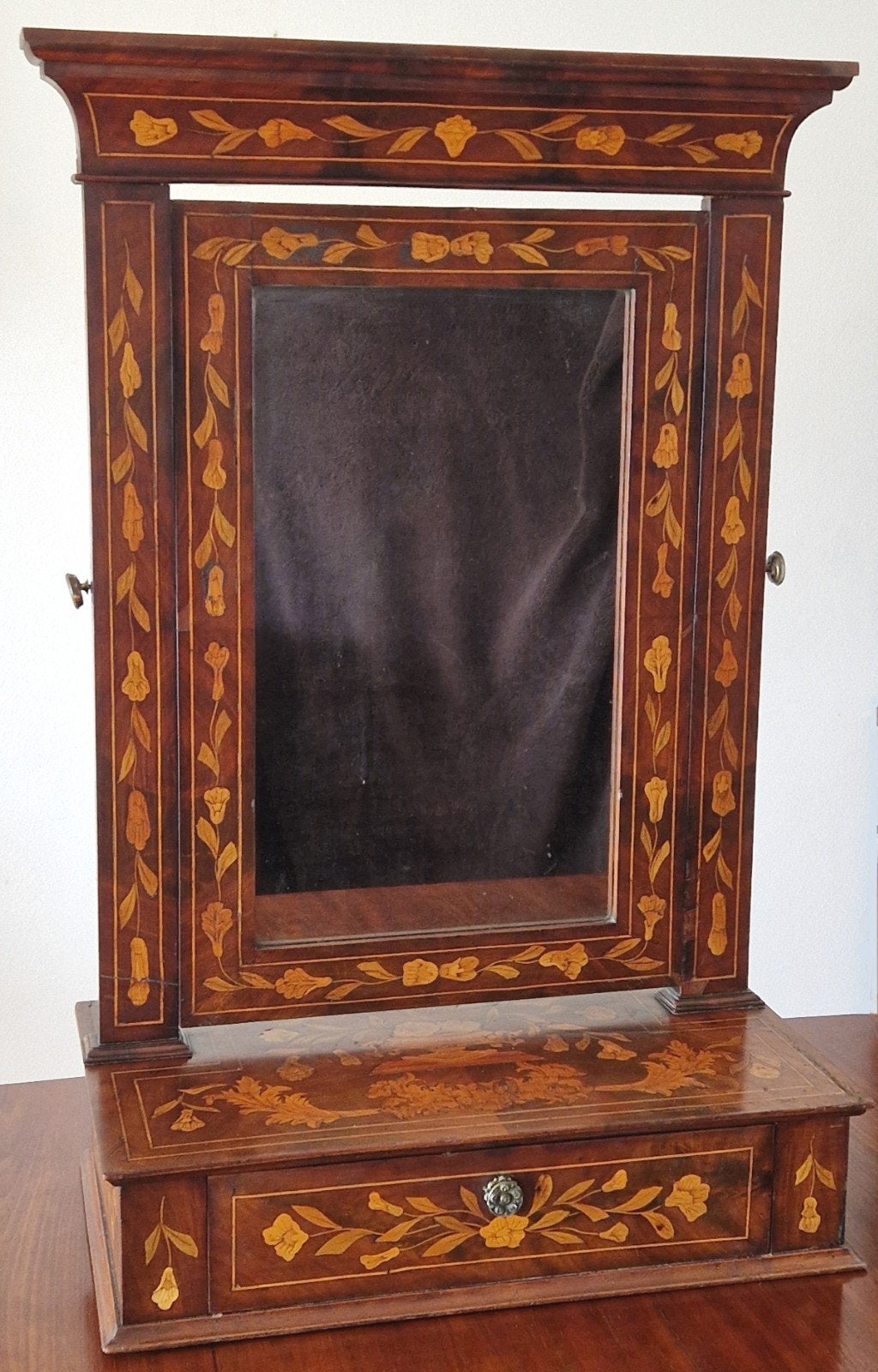 Antieke mahoniehouten marqueterie toiletspiegel 19e eeuw, Ophalen, Rechthoekig, 50 tot 100 cm, Minder dan 100 cm