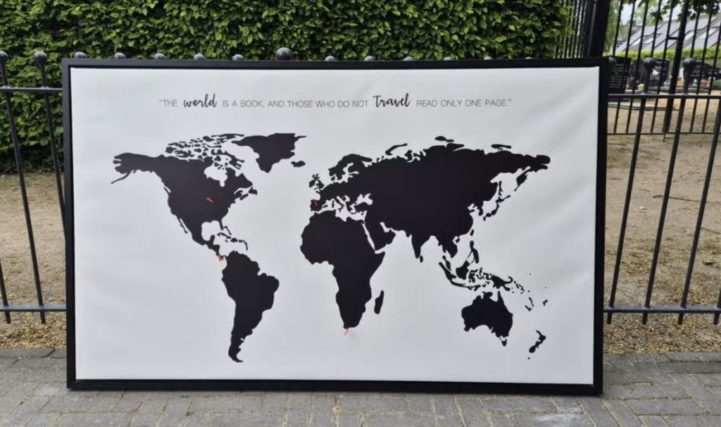 Wereldkaart Canvas met Inspirerende Tekst, Textiel, Ophalen of Verzenden, Zo goed als nieuw, Wit