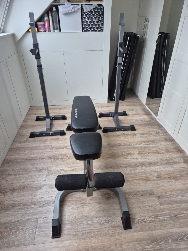 Bodycraft F602 Deluxe Halterbank + Powermark 310 Squat Stand, Ophalen, Zo goed als nieuw, Benen, Fitnessbank
