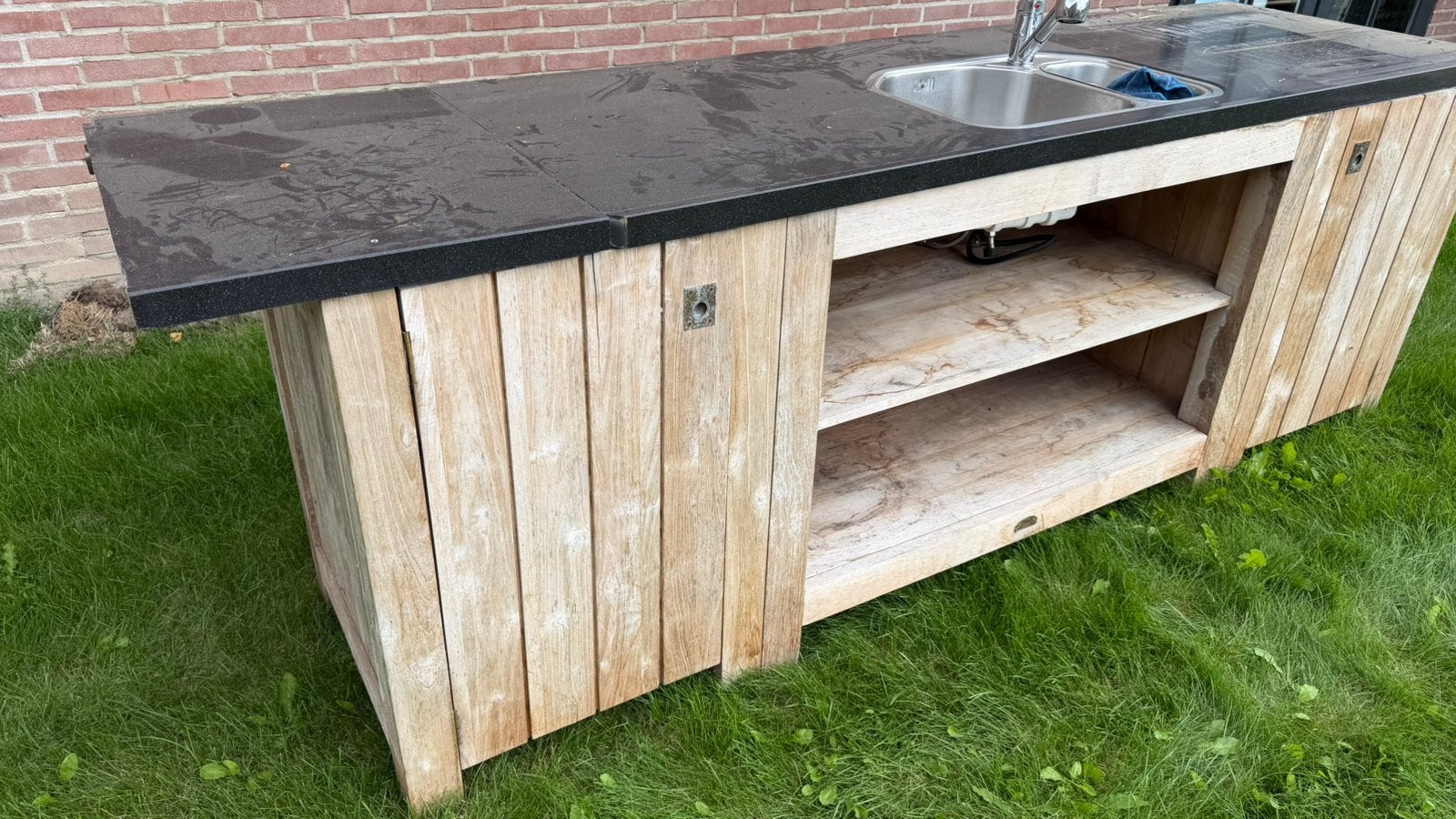 Teakhouten Buitenkeuken met Hardstenen Werkblad & Kraan, Ophalen, Gebruikt, Vrijstaand