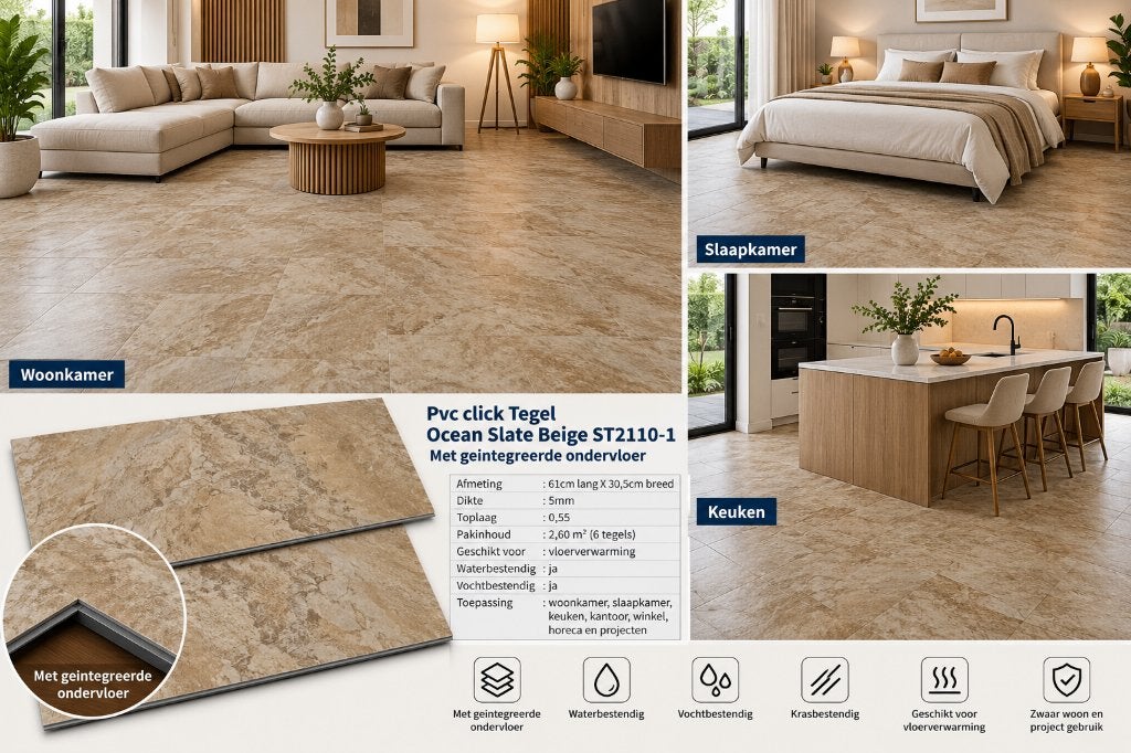 101m2 Pvc click Ocean slate met integreerde ondervloer €1295, Pvc click tegel met geiintegreerde ondervloer, 75 m² of meer, Nieuw