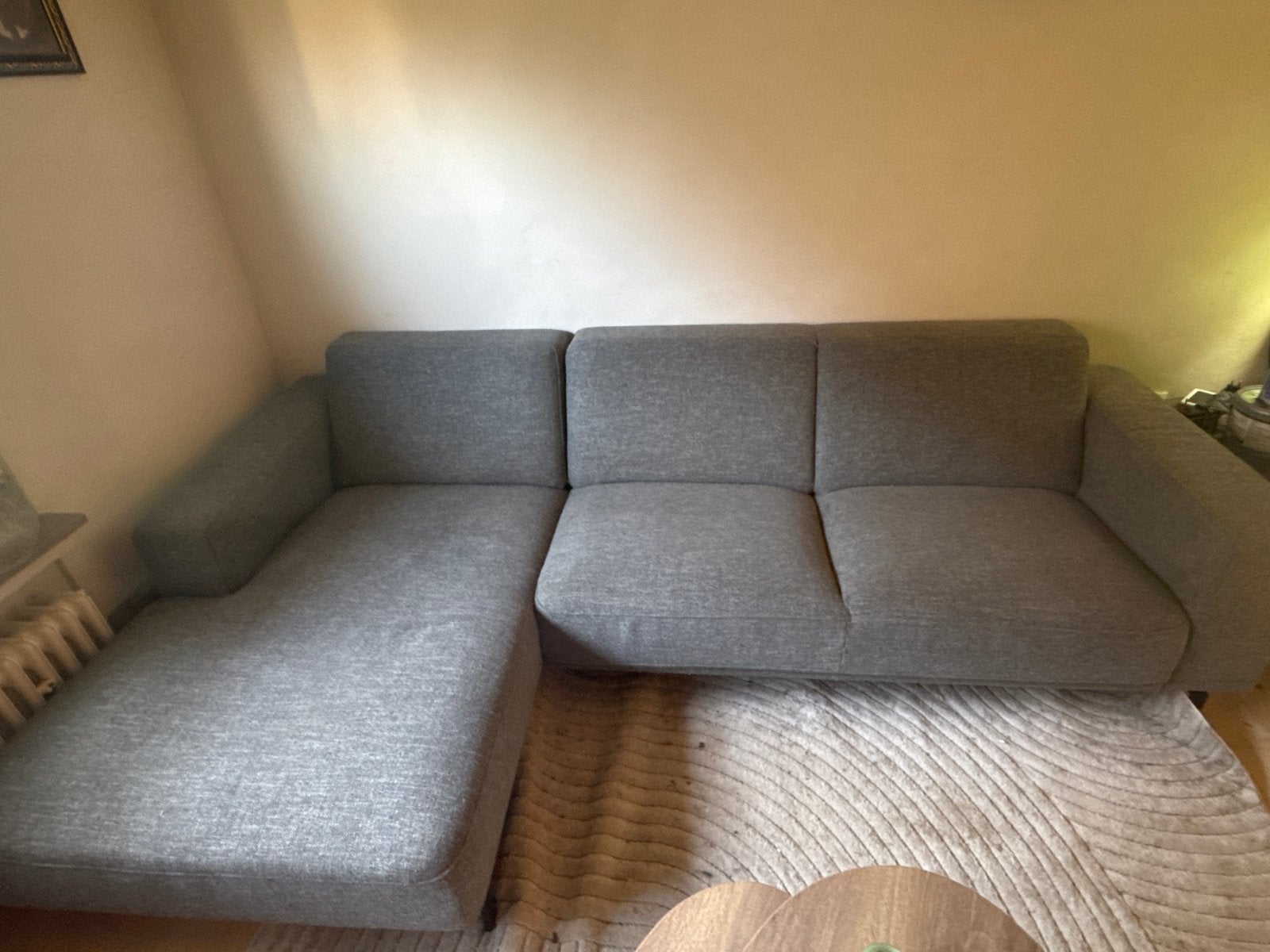Montel Bank Comfortabele grijze hoekbank met chaise longue, Ophalen, 250 tot 300 cm, Gebruikt, 100 tot 125 cm