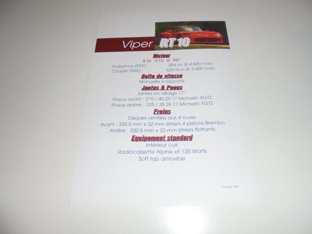 leaflet Viper GTS / Viper RT 10, Ophalen of Verzenden, Zo goed als nieuw, Overige merken