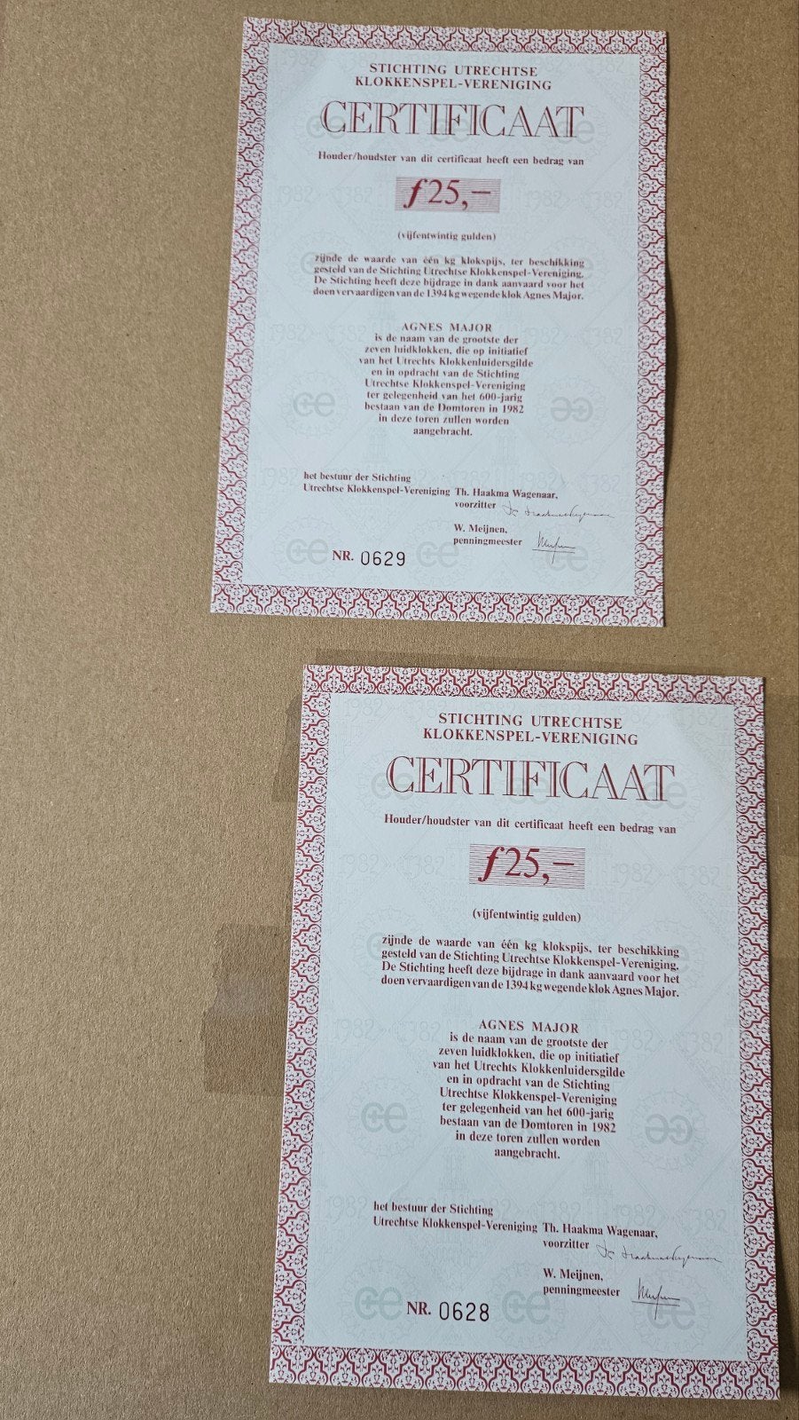 Certificaat Stichting Utrechtse Klokkenspel-Vereniging, Ophalen of Verzenden, Zo goed als nieuw