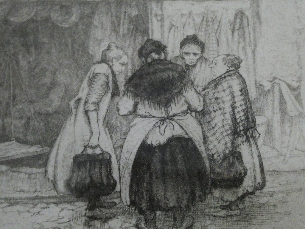 Jordaan Amsterdam ets Anton Pieck Buurpraatje uit 1933, Ets, Stadsgezicht, 27 cm, Ophalen of Verzenden