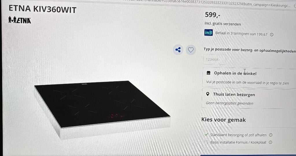 inductiekookplaat ETNA zwart B60xD59xH7,5 cm, Witgoed en Apparatuur, Kookplaten, Ophalen, 4 kookzones, Zo goed als nieuw, Inductie