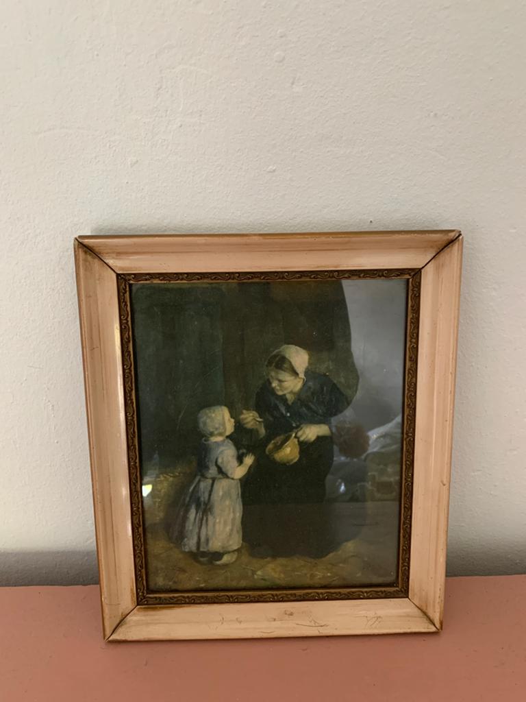 Vintage ingelijste prent: Vrouw en kind, Ophalen of Verzenden