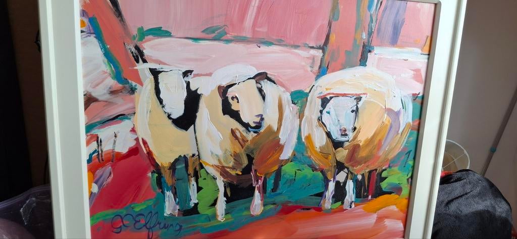 Groot schapen schilderij, vroeg werk van Gerda Elfring, Ophalen of Verzenden