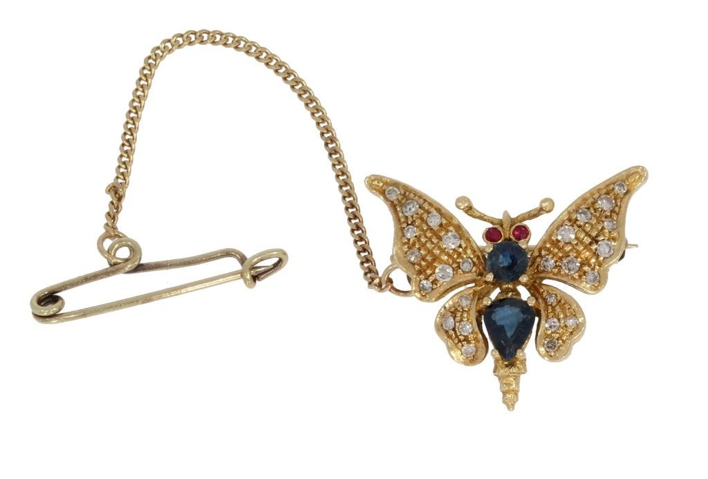 Exclusieve 19k gouden vlinder broche diamant saffier robijn