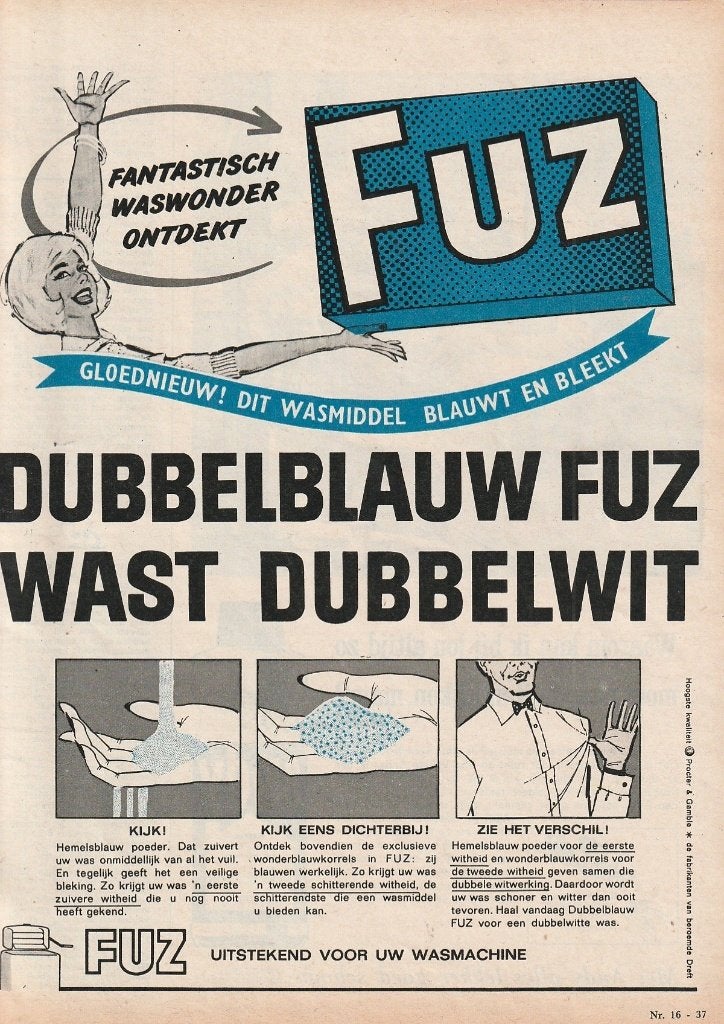 Retro reclame 1963 Fuz wasmiddel dubbelblauw dubbelwit, Verzenden, Overige typen