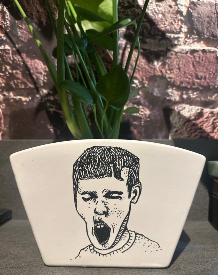 Unieke bloempot met handgetekende illustratie, Binnen, Ophalen of Verzenden, Zo goed als nieuw, Overige vormen