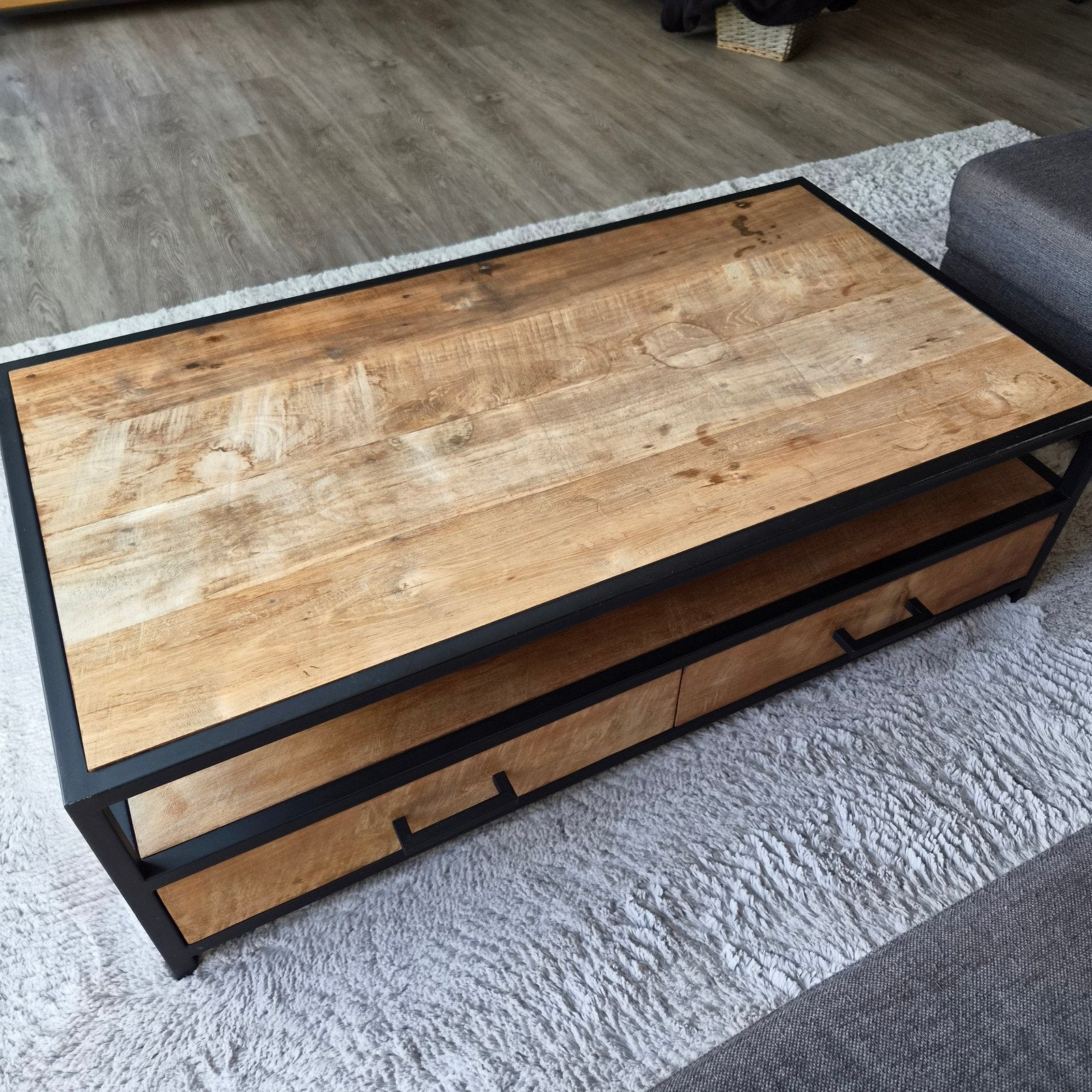 Salontafel industrieel mangohout met lades, Overige houtsoorten, 100 tot 150 cm, Zo goed als nieuw, Industrieel