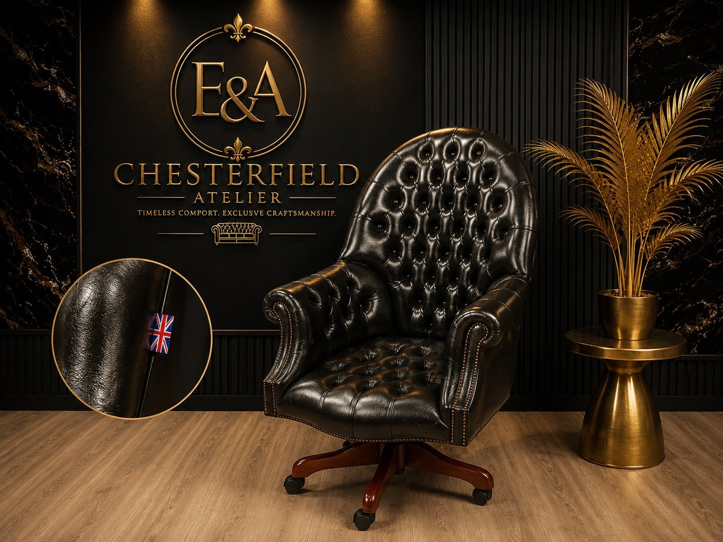 Exclusieve Chesterfield Lederen  Directors Bureaustoel, Huis en Inrichting, Bureaustoelen, Ophalen of Verzenden, Zwart