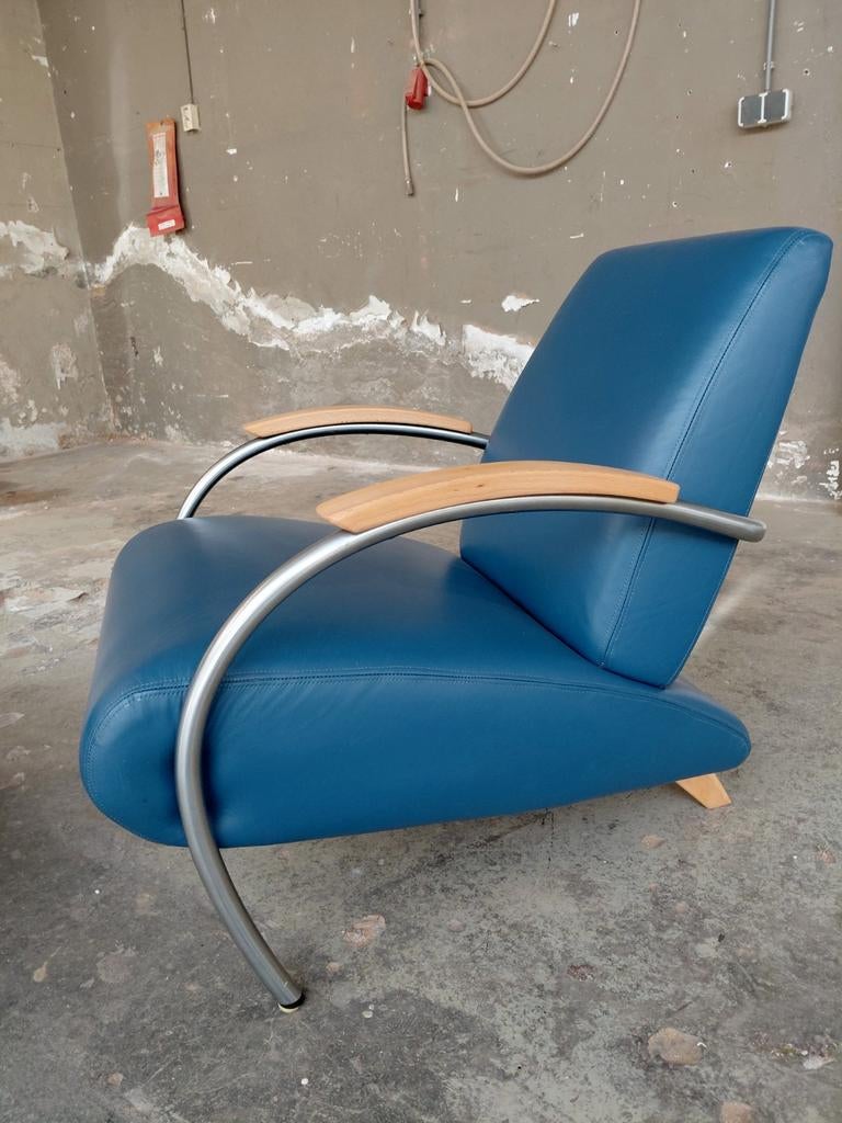 Gelderland 5470 | Fauteuil | Blauw leer vintage, Huis en Inrichting, Fauteuils, Gebruikt, Info@andriesign.nl, Ophalen of Verzenden