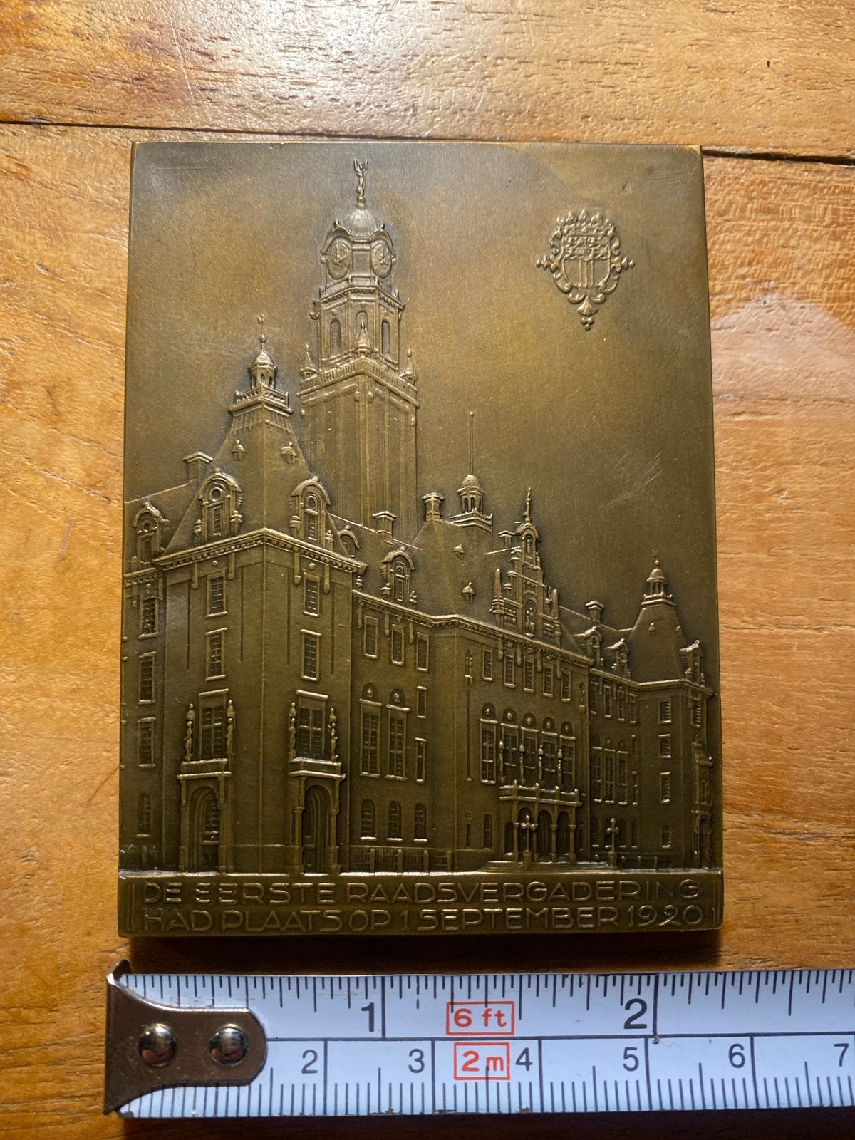 Historische bronzen plaquette Stadhuis Rotterdam 1920, Ophalen of Verzenden, Gebruikt