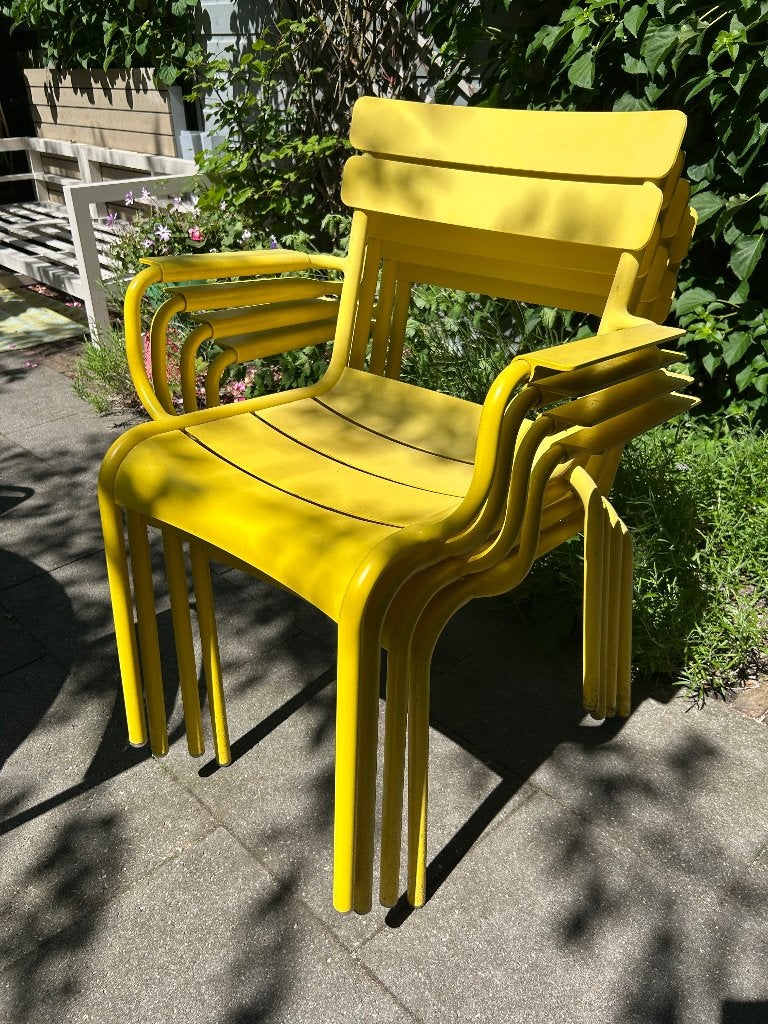 Fermob luxembourg stoelen geel met leuning, Ophalen, Gebruikt, Aluminium, Stapelbaar