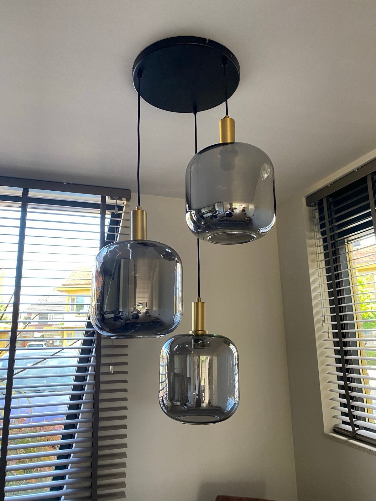 Hanglamp met 3 rookglazen bollen, Ophalen, Zo goed als nieuw, Glas, E27 (groot)