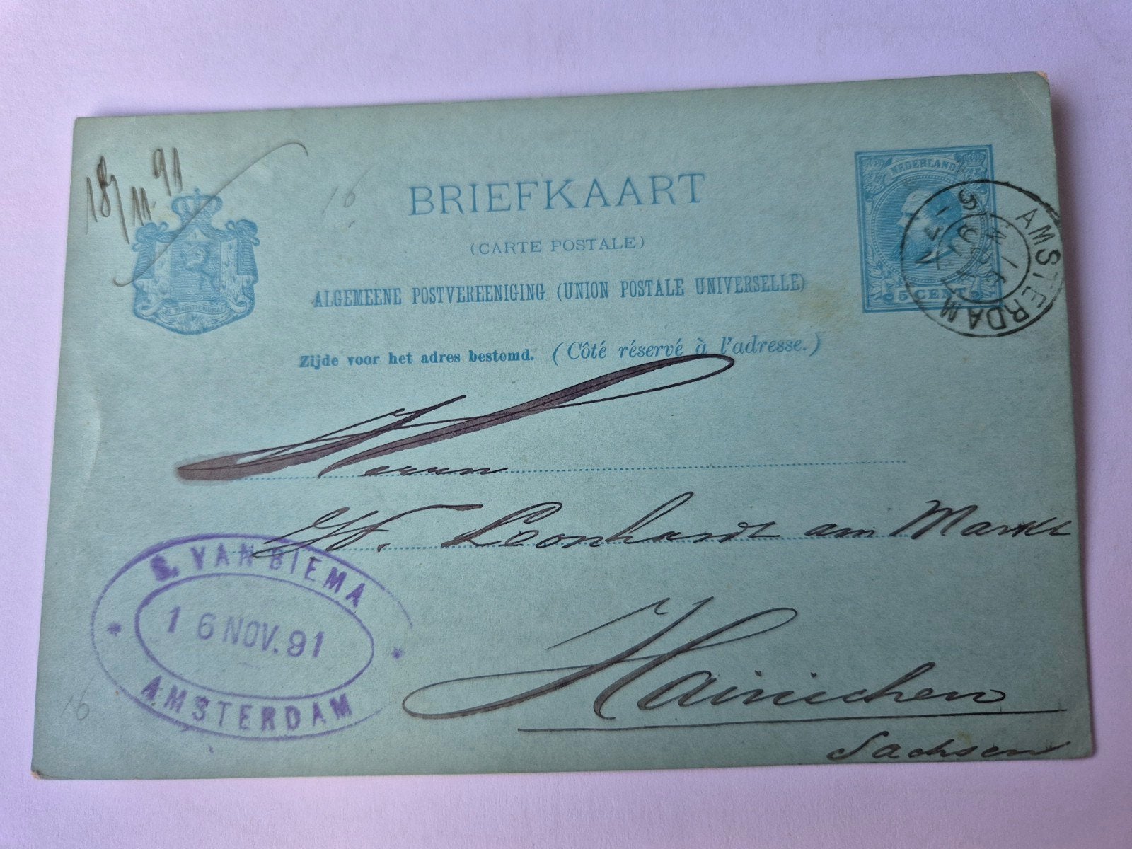 prachtige briefkaart uit 1891 van V. Biema in Amsterdam, Ophalen of Verzenden, Voor 1920, Noord-Holland