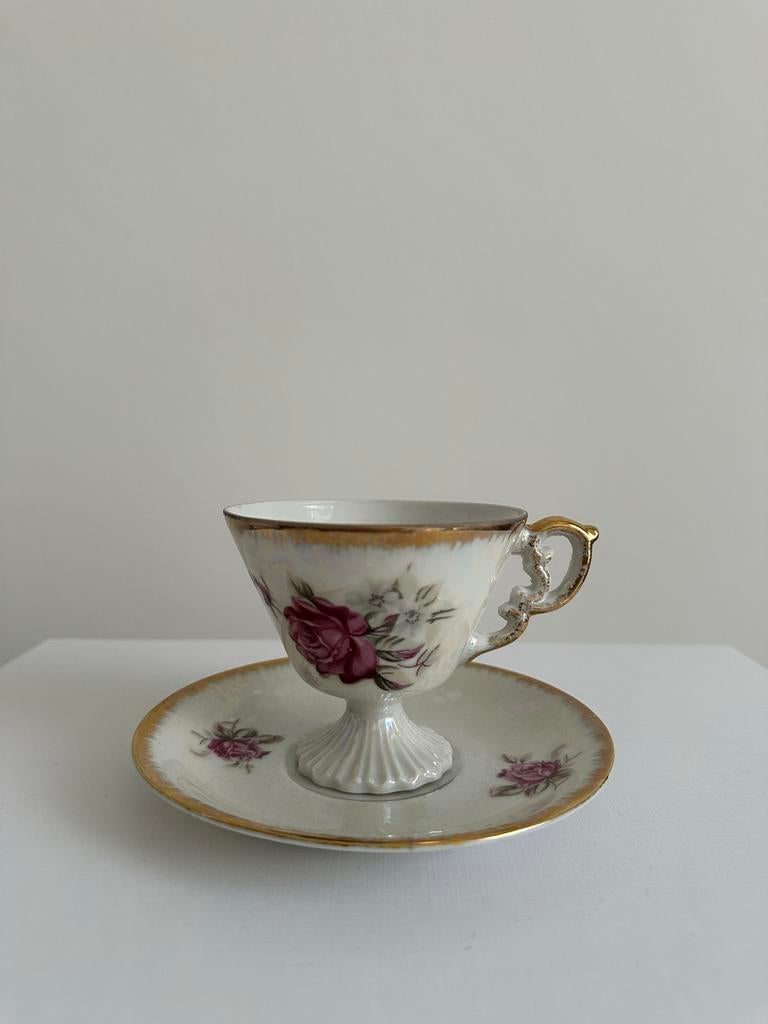 Vintage kopje met schotel, rozenmotief, Ophalen