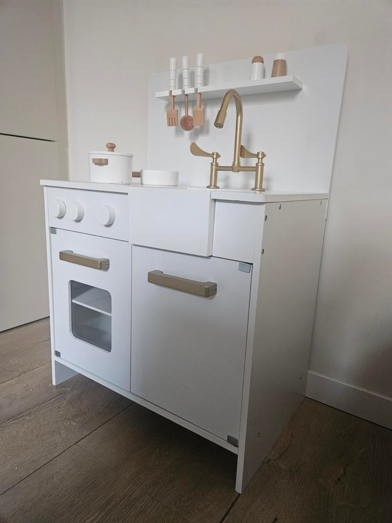Witte houten speelkeuken met gouden details, Ophalen, Zo goed als nieuw, Hout, Speelkeuken
