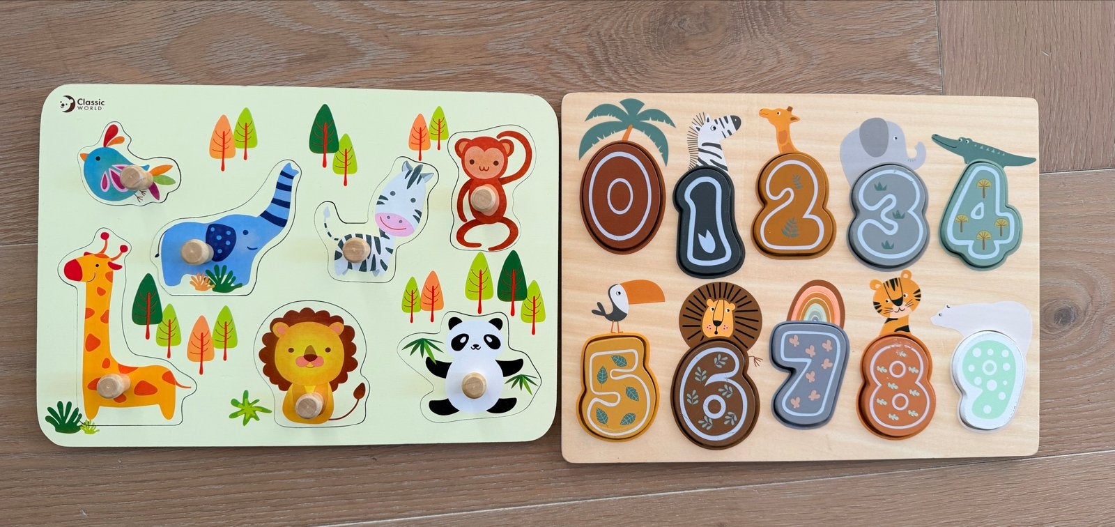 2 houten puzzels: cijfers en dieren (zeer goede staat), 2 tot 4 jaar, Ophalen of Verzenden, Zo goed als nieuw, Van hout