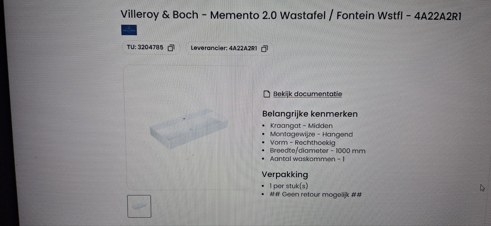 Villeroy & Boch Memento 2.0 Wastafel 1000mm Wit, Ophalen, Nieuw, Wastafel