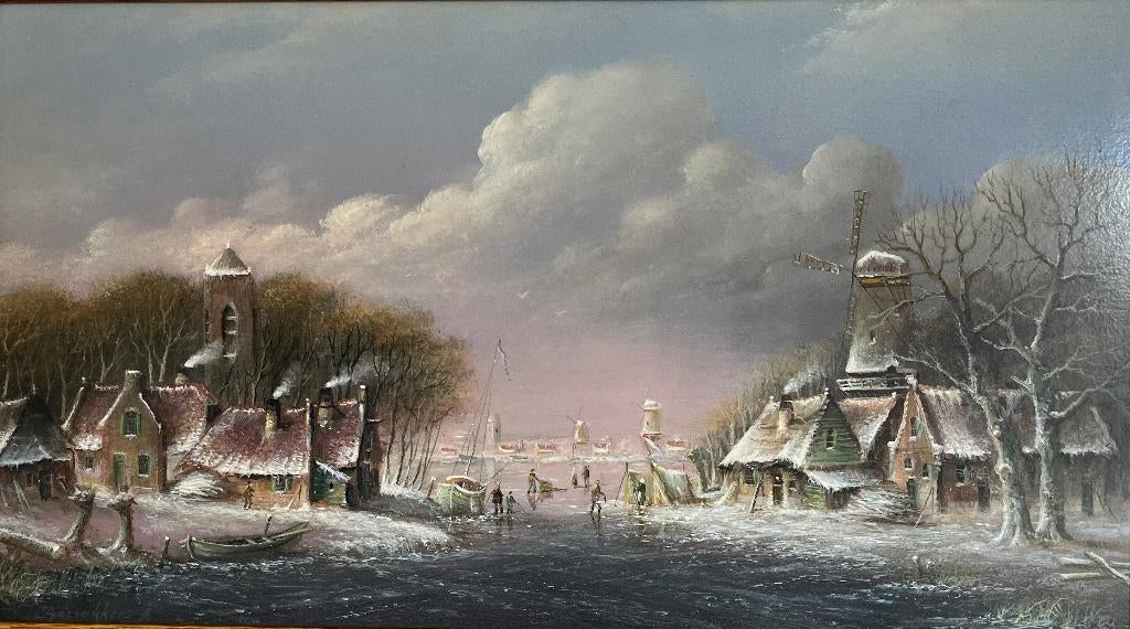 Mooi schilderij winterlandschap op paneel. Thomas Heesakkers, Antiek en Kunst, Ophalen