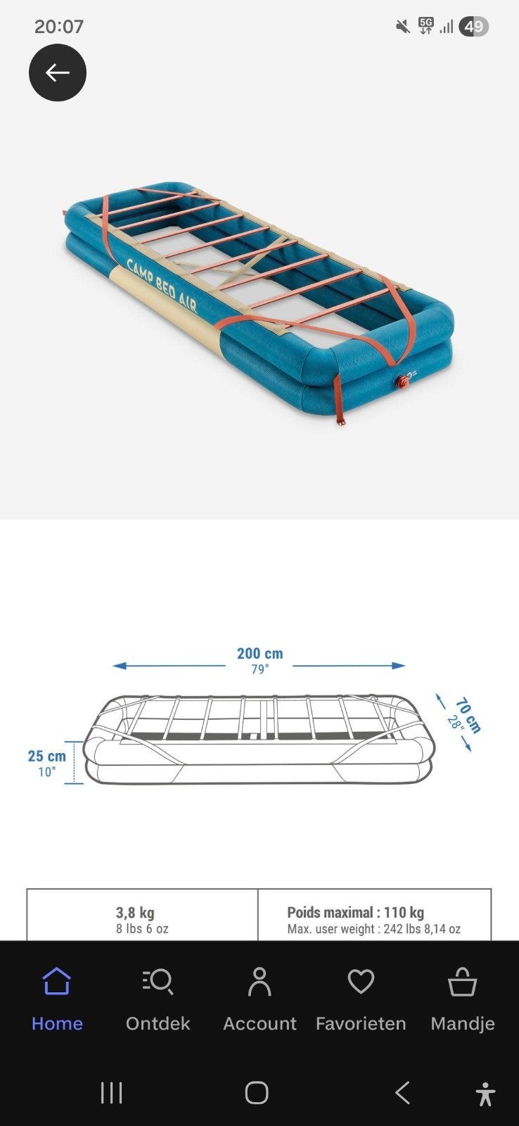 2x 1persoons opblaasbare lattenbodem tekoop, Caravans en Kamperen, Ophalen, Gebruikt, 1-persoons