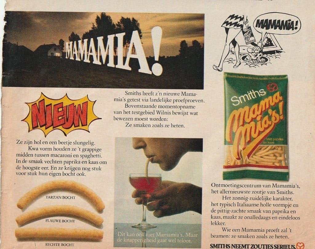Retro reclame 1979 Smiths chips mama mia's zoals ze heten, Verzenden, Overige typen