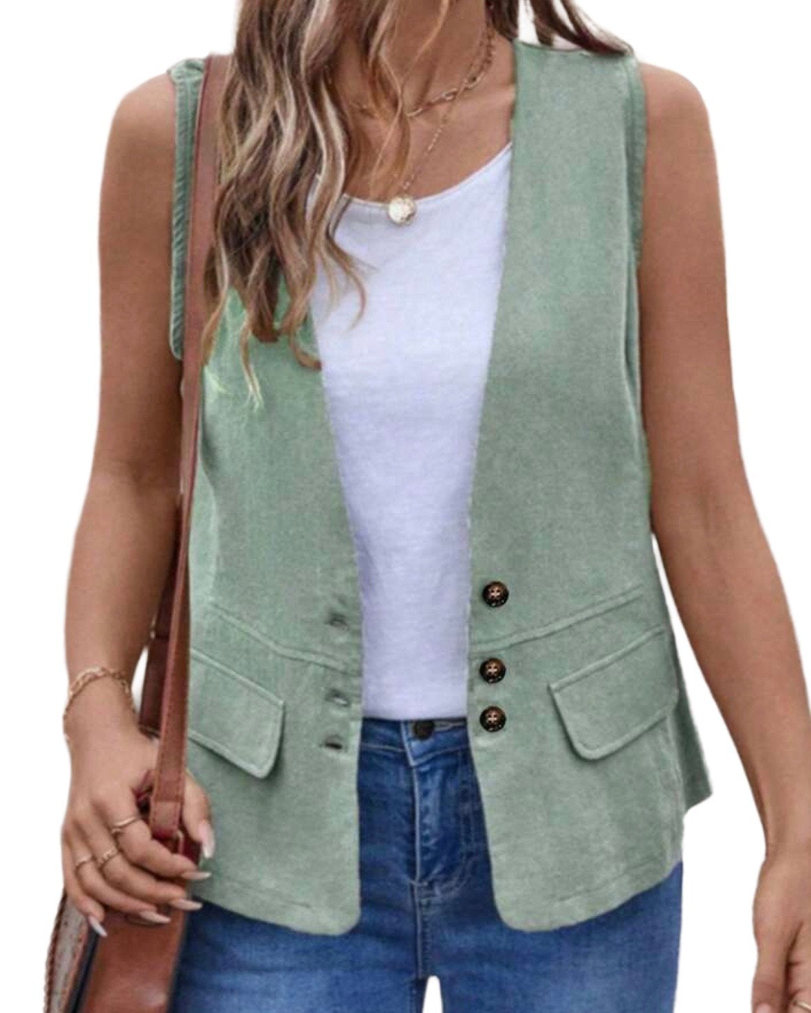 mouwloos vest met knopen en zakken (46-54), Kleding | Dames, Verzenden, Nieuw, Groen, Trui of Vest