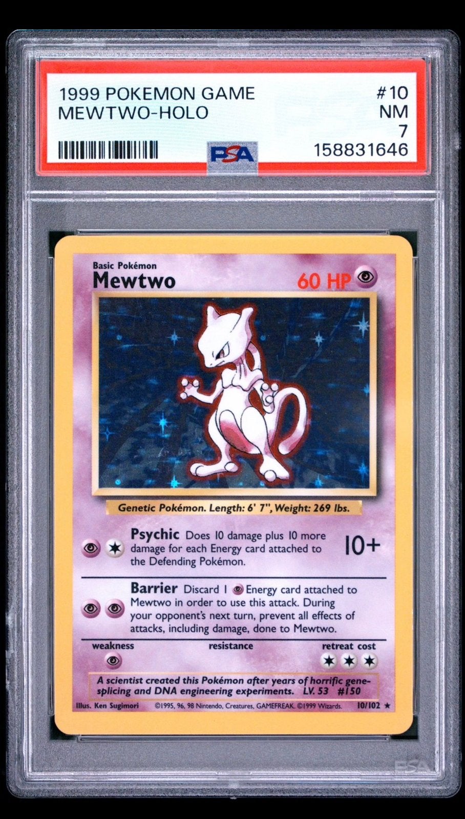1999 Base set Pokemon GAME #10 MEWTWO-HOLO PSA 7, Ophalen of Verzenden, Zo goed als nieuw
