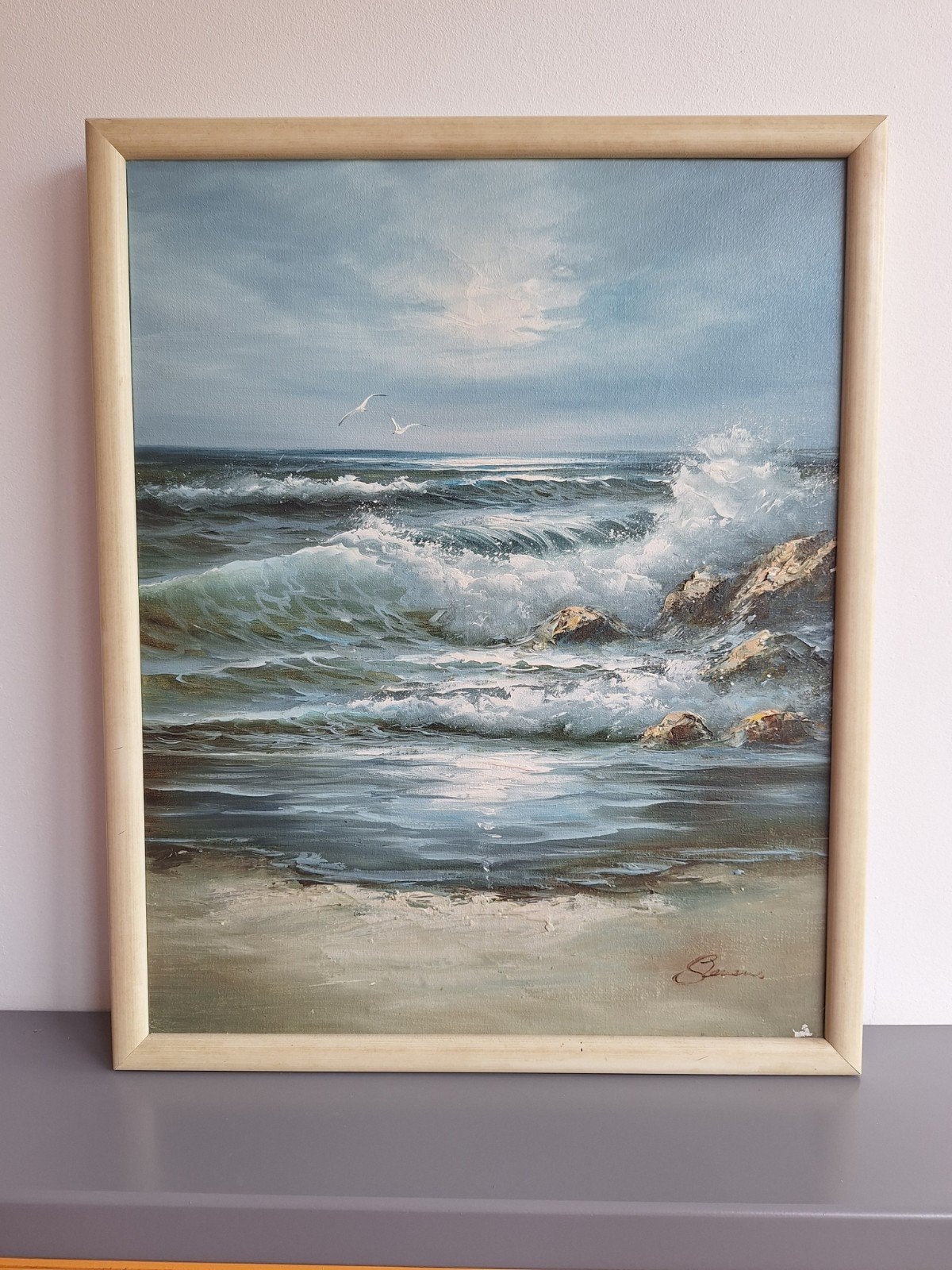 Schilderij: Maritiem tafereel met golven en meeuwen, Ophalen, Ingelijst, Maritiem / water